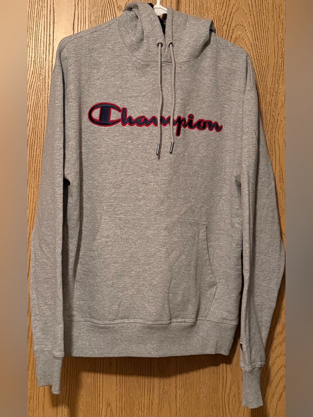Champion Gray Hoodie with Red & Navy Script Logo